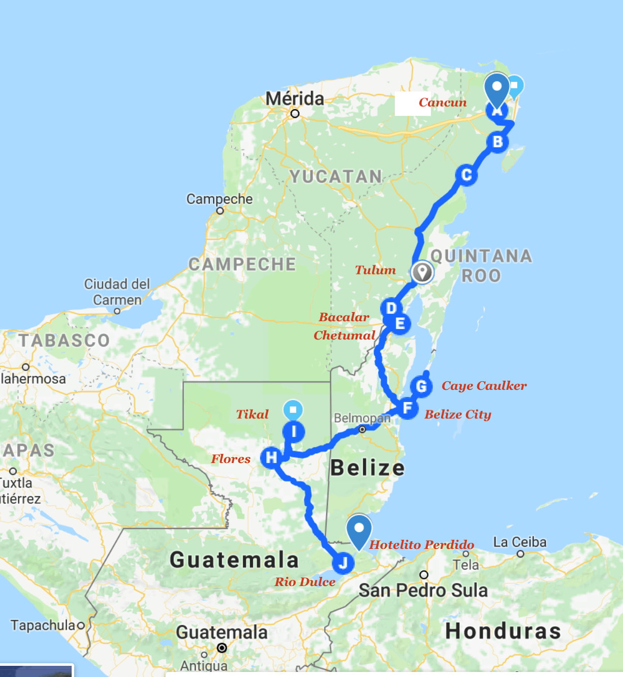 Belize Guatemala Travel Map